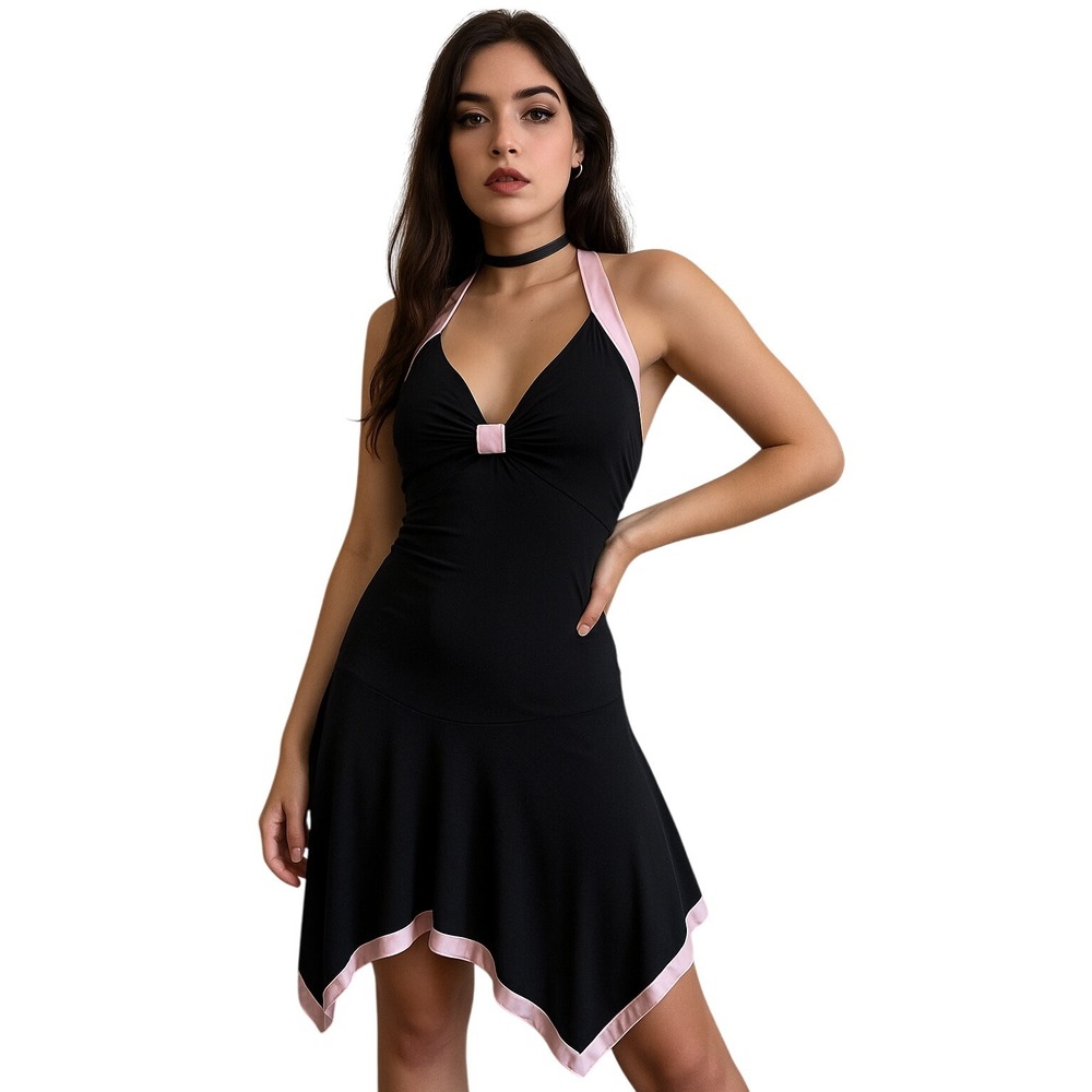 TABOO USA Black Pink Satin Trim Halter Asymmetrical Handkerchief Hem Dress S